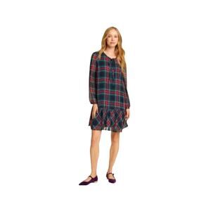 Draper James Plaid Drop Waist Shift Dress Womens L Long Sleeve Pleated Tie Neck